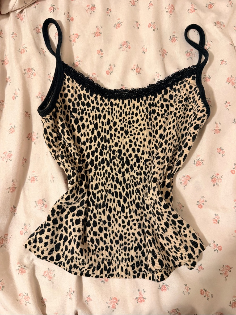 Leopard Print Lace-Trim Cami Tank Top - Black & Beige